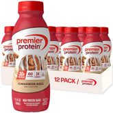 Premier Protein Shake Cinnamon Roll bottle showcasing 30g protein for post-workout support.