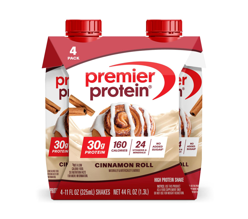 Premier Protein Shake Cinnamon Roll bottle offers a protein-rich, convenient snack.