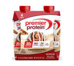 Premier Protein Shake Cinnamon Roll bottle offers a protein-rich, convenient snack.