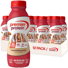 Premier Protein Shake Cinnamon Roll bottle showcasing 30g protein for post-workout support.
