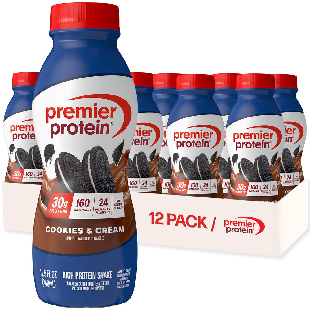 Premier Protein Cookies & Cream shake bottle showing 30g protein for on-the-go fueling