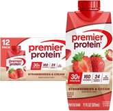 Premier Protein Shake Strawberries & Cream bottle close-up highlights high-protein formula