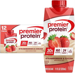 Premier Protein Shake Strawberries & Cream bottle close-up highlights high-protein formula