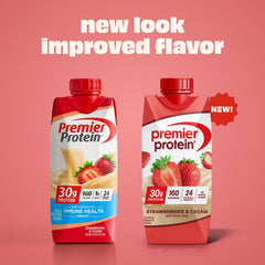 Premier Protein Shake Strawberries & Cream served with fruit for a quick breakfast idea