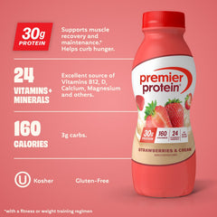 Premier Protein Strawberries & Cream nutrition panel highlights 30g protein and 24 vitamins.