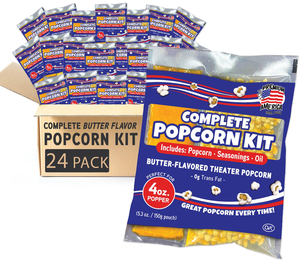 Premium America popcorn kit box contents ready to cook at home.