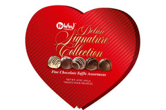 Premium Chocolatiers truffle heart box display with 24 vegan chocolates.
