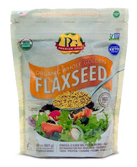 Premium Gold flax seed pour jar for quick mixing in meals.