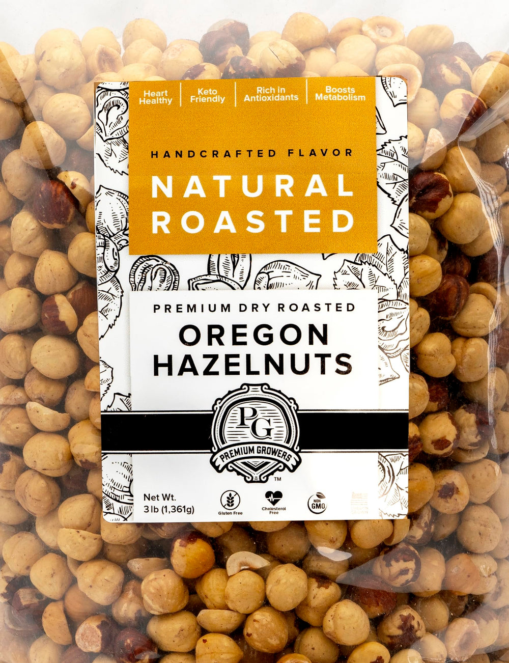 Premium Growers hazelnuts dry roasted for a rich, crunchy snack.