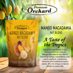 Premium Orchard Deluxe Mango Macadamia Nut Blend resealable packaging keeps freshness.