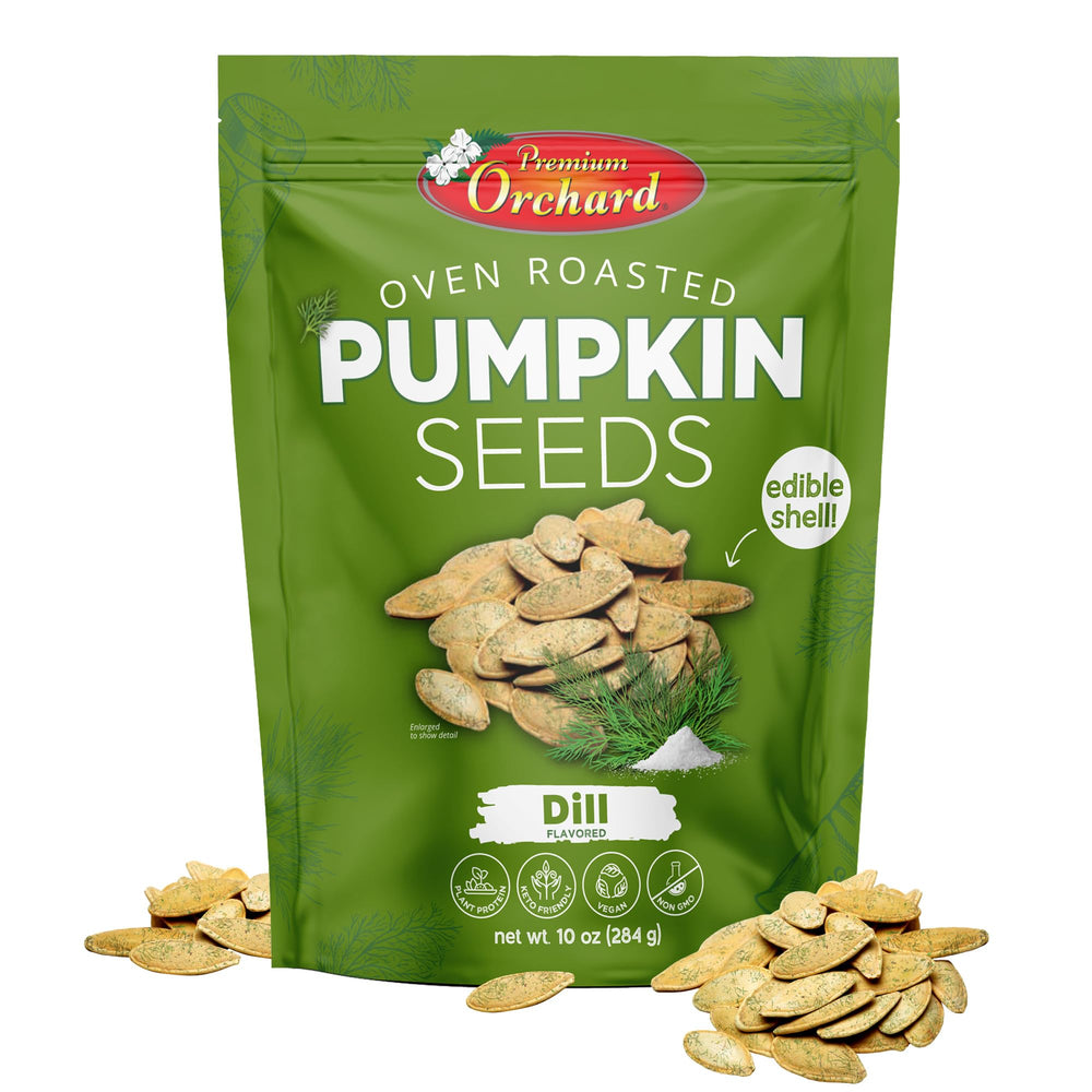 Premium Orchard Pmpkn Dill seeds packaging highlights freshness and easy storage.