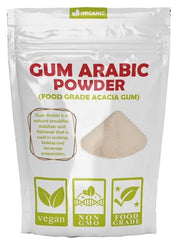 Premium Organic Gum Arabic Powder bottle highlights quality for baking and watercolor art.