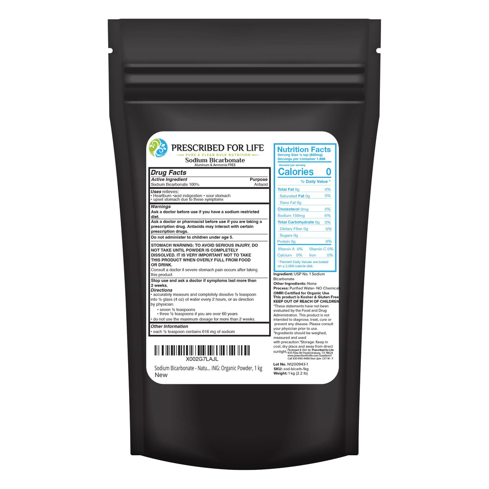 Prescribed For Life packaging shows premium USP grade sodium bicarbonate powder for cooking and cleaning.