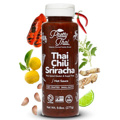 Pretty Thai Chili Sriracha bottle pour adds vibrant heat to meals.