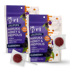 P.R.I elderberry manuka honey lollipops packaging shows a 24-count box