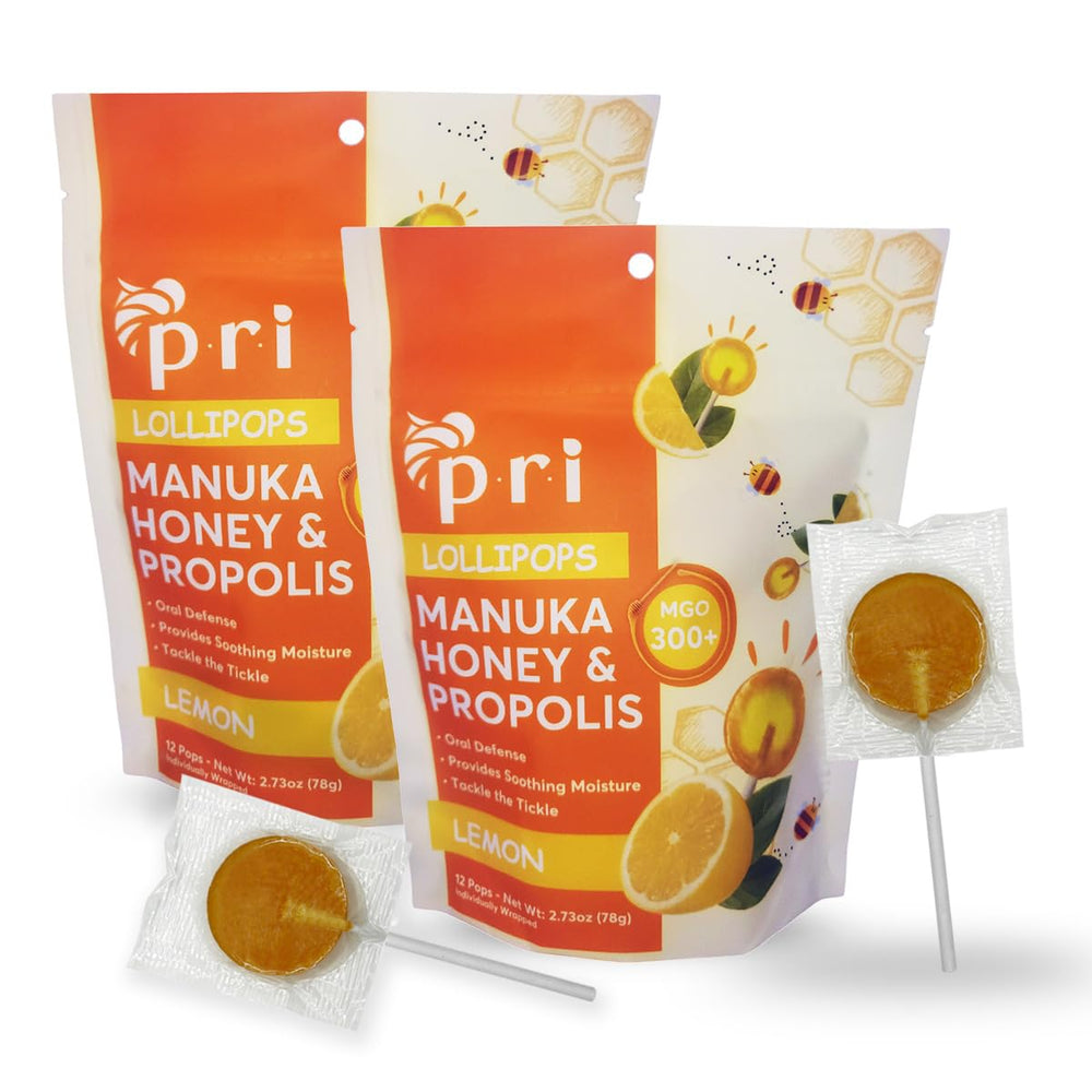 P.R.I lemon Manuka honey lollipop with propolis and menthol soothes dry throats.