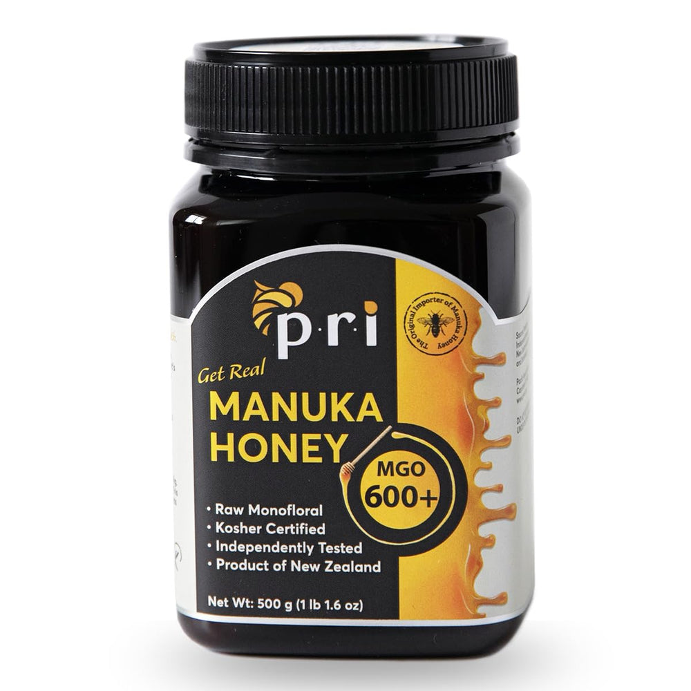 P.R.I Manuka honey bottle highlighting MGO 600+ strength for connoisseurs