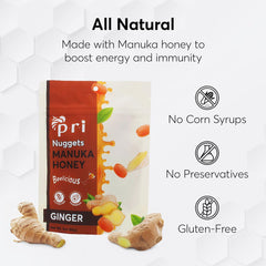 Close-up of honey-ginger texture with natural ingredients in P.R.I nuggets.
