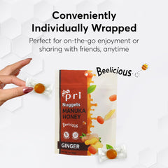 New Zealand-made P.R.I Manuka Honey Ginger Nuggets with simple ingredients.
