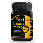 P.R.I Manuka honey jar with QR code linking to batch results for transparency.