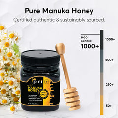 P.R.I Manuka Honey MGO 1000+ lid QR code for batch traceability.