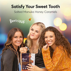 P.R.I Manuka Honey Salted Caramels open bag shows soft chews for everyday snacking.