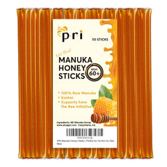 P.R.I Manuka honey sticks packaging for convenient on-the-go use.