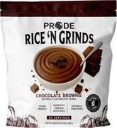 Pride Foods Rice N Grinds cereal box front featuring Chocolate Brownie flavor for gluten-free breakfast.