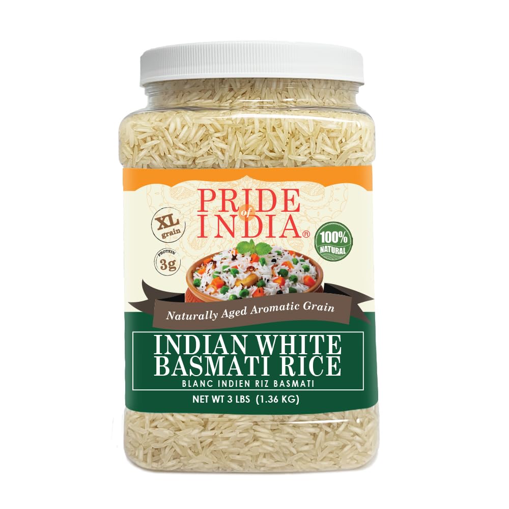 Pride Of India Basmati jar front view shows premium aged aroma and long grains ready to cook.