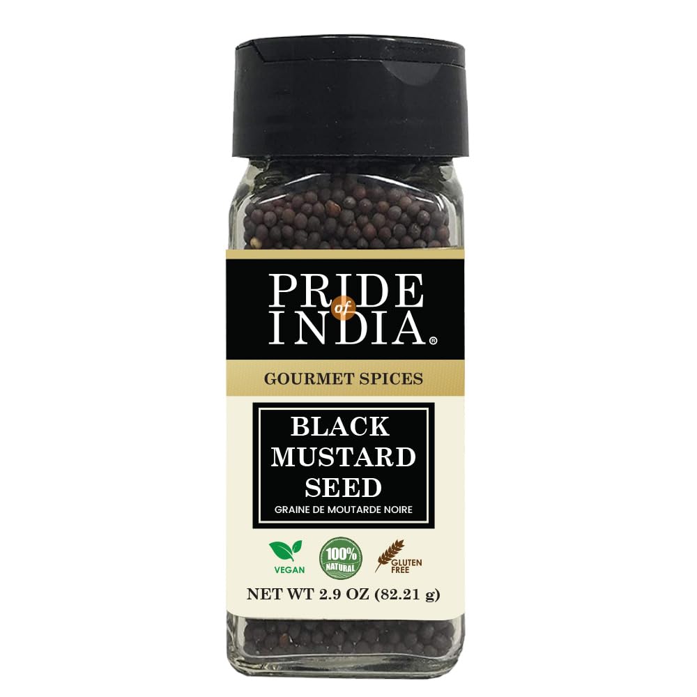 Pride of India black mustard seed bottle with dual sifter for precise, easy seasoning.