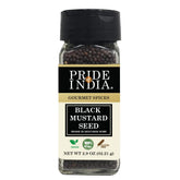 Pride of India black mustard seed bottle with dual sifter for precise, easy seasoning.