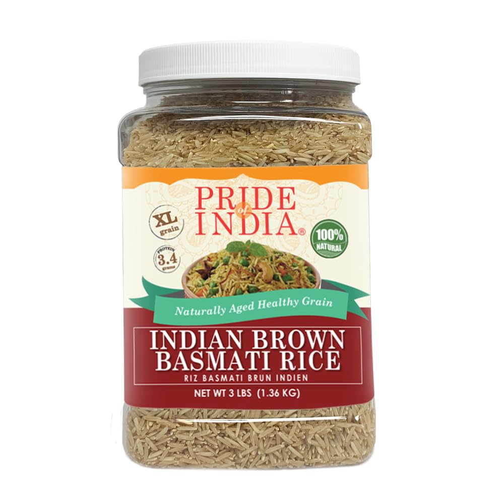 Pride Of India extra-long brown basmati rice jar front, premium packaging for pantry-ready storage.