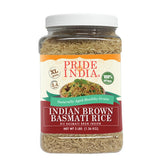 Pride Of India extra-long brown basmati rice jar front, premium packaging for pantry-ready storage.