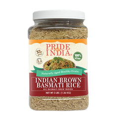 Pride Of India extra-long brown basmati rice jar front, premium packaging for pantry-ready storage.