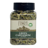 Pride of India green cardamom whole pods in a 6oz jar enhance baking flavor and tea aroma.