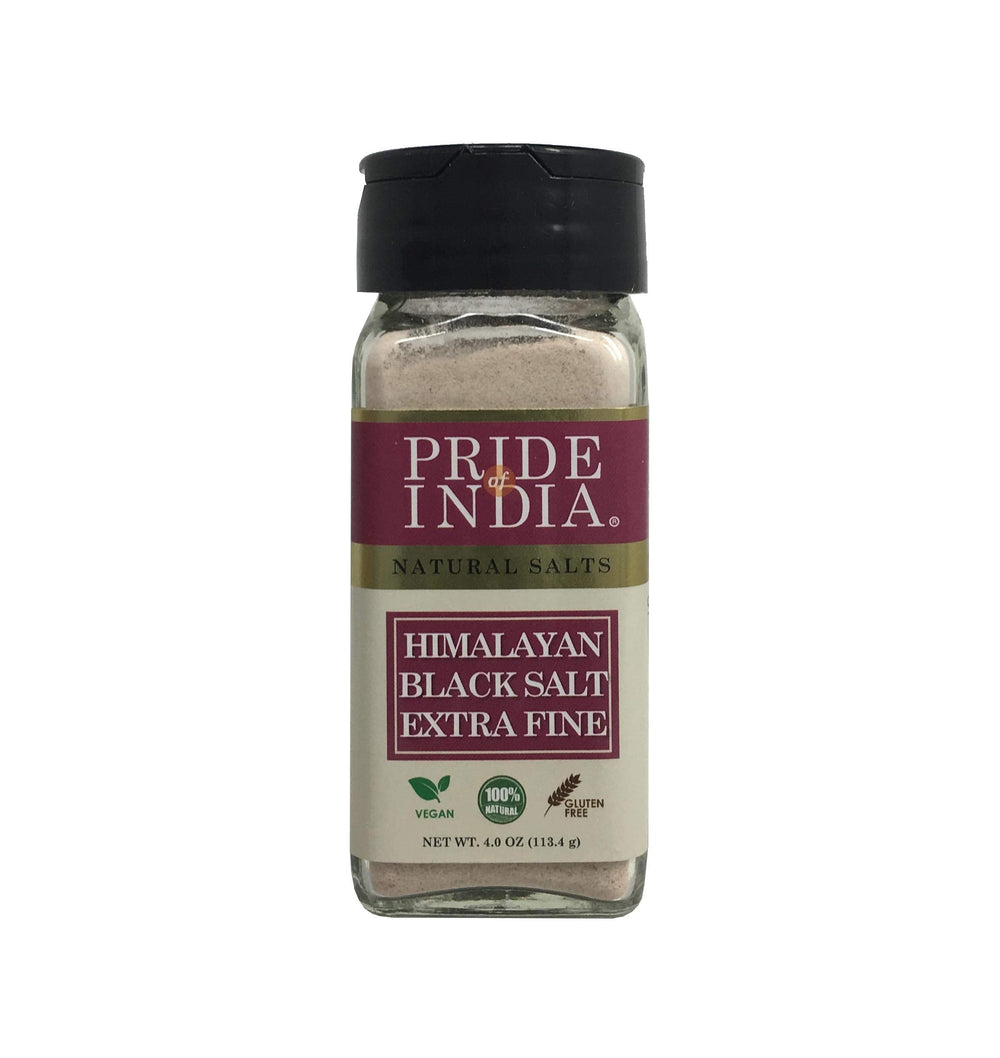 Pride of India Himalayan black salt in extra-fine grind, perfect for cooking and vegan dishes.