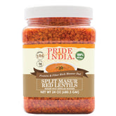 Pride Of India Masoor Dal jar closeup of ready-to-cook red lentils.