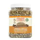Pride Of India Triple Omega Superseed Mix jar close-up showing seeds for protein and fiber