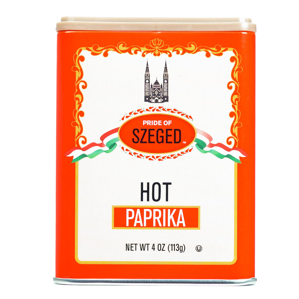 Pride of Szeged hot paprika powder in a 4 oz tin adds vibrant color.