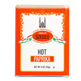 Pride of Szeged hot paprika powder in a 4 oz tin adds vibrant color.