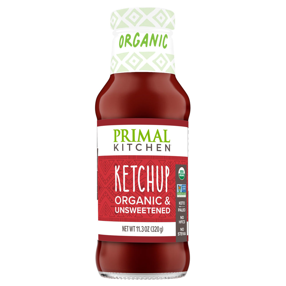 Primal Kitchen Ketchup Unsweetened bottle artwork highlighting premium ingredients for everyday cooking.