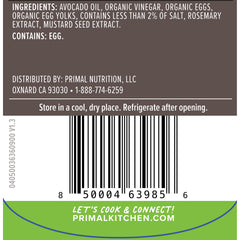 Primal Kitchen Mayo Avocado Oil Squeeze label closeup highlights premium ingredients