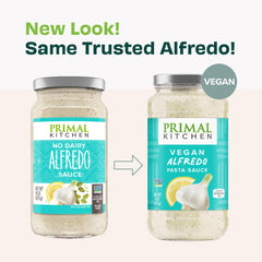 Primal Kitchen No-Dairy Alfredo pasta dish, versatile sauce for pasta, veggies, or chicken
