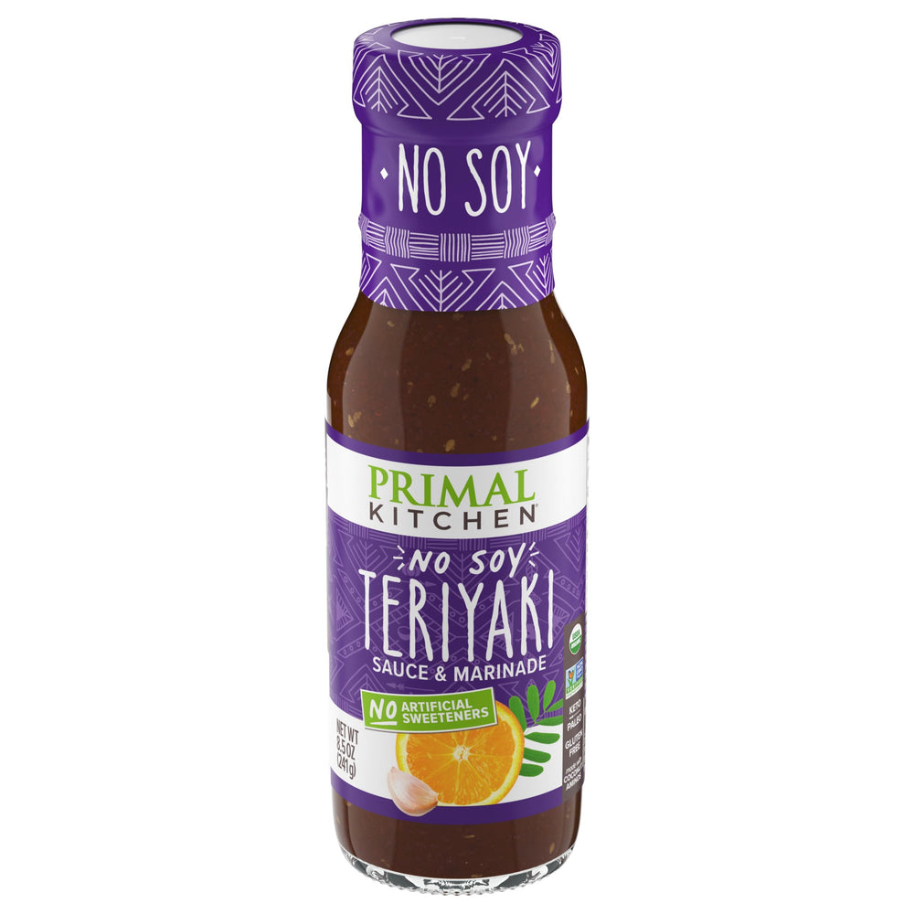 Primal Kitchen No-Soy Teriyaki Sauce bottle highlights gluten-free, keto-friendly flavor.