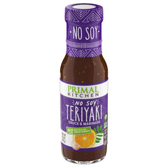 Primal Kitchen No-Soy Teriyaki Sauce bottle highlights gluten-free, keto-friendly flavor.