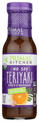 Primal Kitchen Organic No-Soy Teriyaki label emphasizes organic, allergen-friendly ingredients.