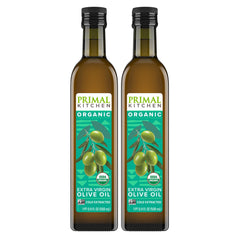 Primal Kitchen Organic EVOO bottle pouring, ideal for drizzle and sauté