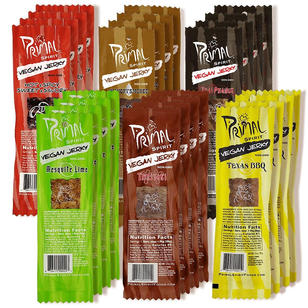 Primal Spirit vegan jerky sampler pack front view, ideal for on-the-go snacking.