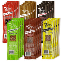Primal Spirit vegan jerky sampler pack front view, ideal for on-the-go snacking.