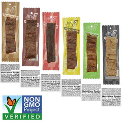 Six flavor lineup of Primal Spirit vegan jerky offering variety for tastings.